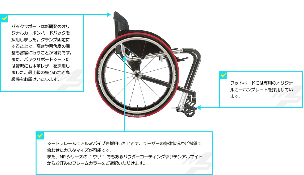 バックサポートは新開発のオリジナルカーボンハードバックを採用しました。クランプ固定にすることで、高さや背角度の調整も容易に行うことが可能です。また、バックサポートシートには贅沢にも本革レザーを採用しました。最上級の座り心地と高級感をお届けいたします。シートフレームにアルミパイプを採用したことで、ユーザーの身体状況やご希望に合わせたカスタマイズが可能です。また、MPシリーズの“ウリ”でもあるパウダーコーティングやサテンアルマイトからお好みのフレームカラーをご選択いただけます。フットボードには専用のオリジナルカーボンプレートを採用しています。